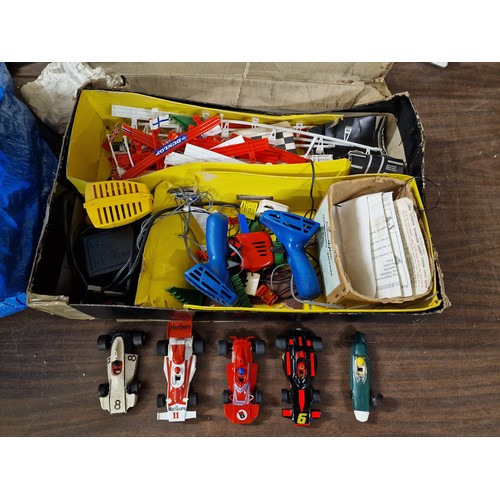 354 - Assorted Scalextric racing cars, controllers etc in distressed Triang Scalextric box & large amount ... 