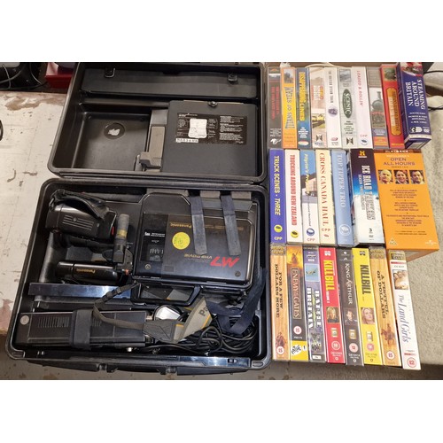 96 - Vintage Panasonic M7, VHS movie camera in hard case & bundle of steam train and other VHS videos etc