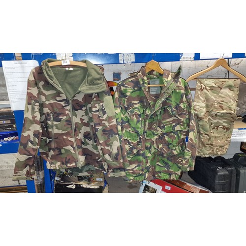 19 - Military issue camo smock jacket and warm weather trousers and other camo fleece lined jacket