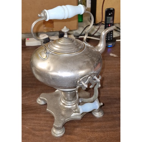 102 - Vintage white metal spirit kettle and stand