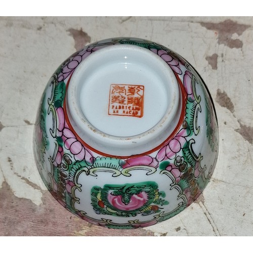 268 - Pair of Fabricado Em Macau soup bowls (both have chip) with matching spoons