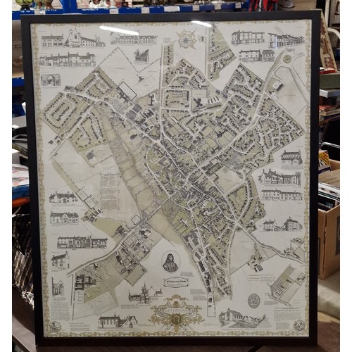 93 - 82 x 96 cm framed Uppingham millennium colour map, hand signed by Warwick Metcalf