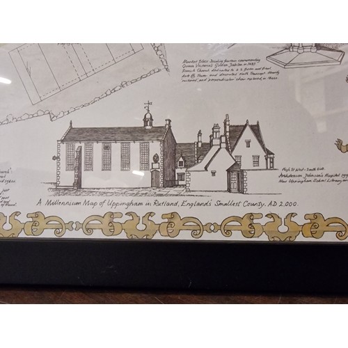 93 - 82 x 96 cm framed Uppingham millennium colour map, hand signed by Warwick Metcalf