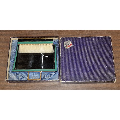 193 - Boxed brass and enamel crumb tray and brush