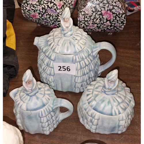 256 - Vintage Ye Daintee Ladyee three-piece tea service - milk jug has crack, sugar bowl has repair to lid... 