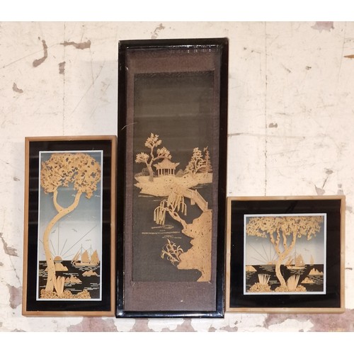 20 - Trio of vintage Oriental cork art pictures, largest being 12 x 30 cm