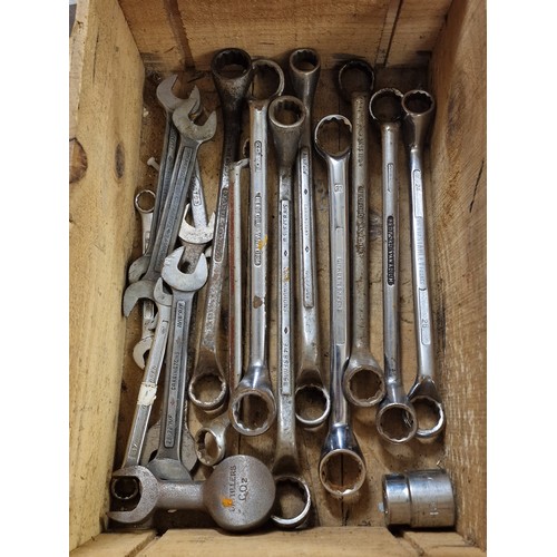 166 - Vintage wooden crate with assorted mostly larger size spanners