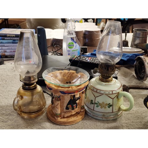 28 - 2 x vintage glass oil lamps & Egyptian tealight oil/pastel burner