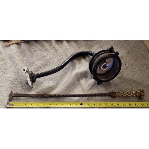 55 - Old swan neck outdoor wall light and brass and steel long handle