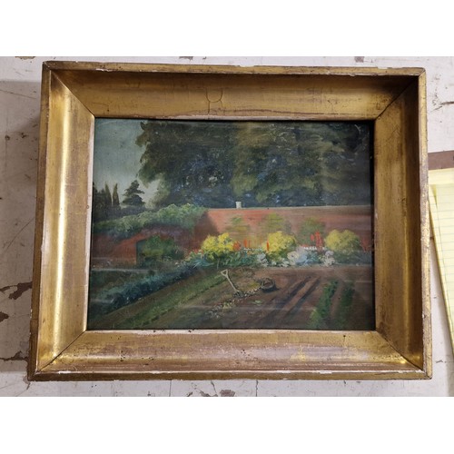 60 - 15.25 x 30.cm framed old garden scene painting on card - no visible ID