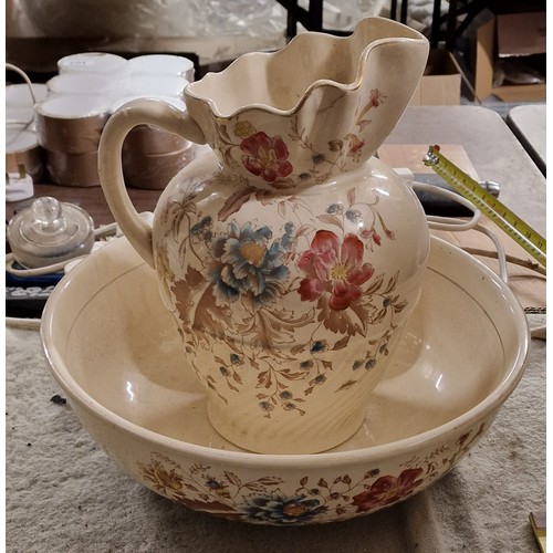 219 - 19th century wash basin and water jug - jug has repair and bowl has hairline crack