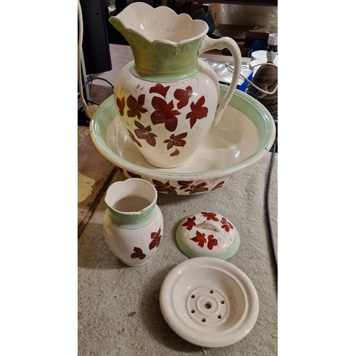 159 - 19th century wash stand set of bowl, jug, vase (hairline crack) and straining dish with lid