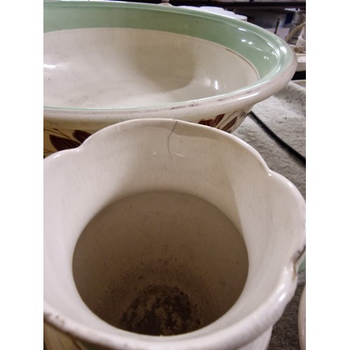 159 - 19th century wash stand set of bowl, jug, vase (hairline crack) and straining dish with lid