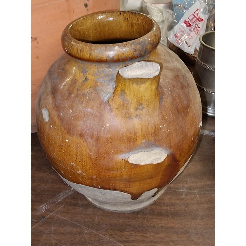 102 - Large stoneware lidded pot with repair and chip, pot with missing handle and other salt glazed pot