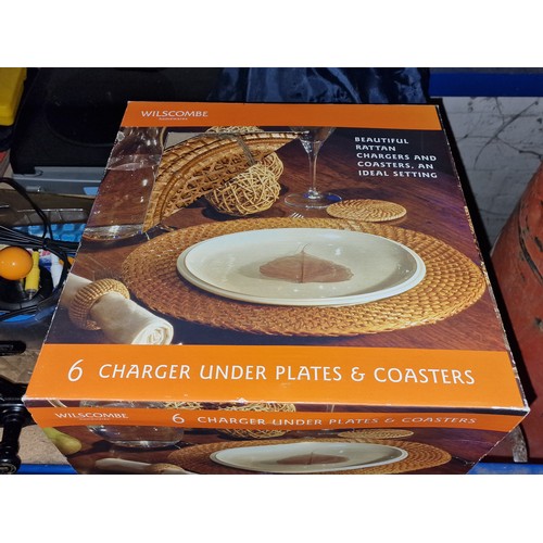 55 - Boxed and unused rattan set of 6 x chargers and coasters