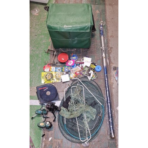 26 - Fishing tackle box and contents including 3 x reels, nets and Delta extending pole/rod