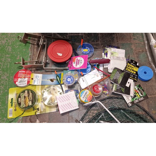 26 - Fishing tackle box and contents including 3 x reels, nets and Delta extending pole/rod