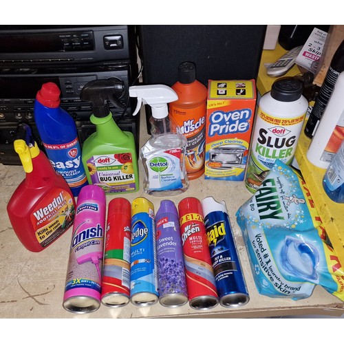 69 - Job lot of full or near full household cleaners and half full XL pack of Fairy non bio washing pods