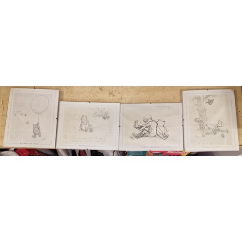 74 - Set of 4 x Winnie the Pooh pencil sketch prints in 30 x 24 cm frameless frames