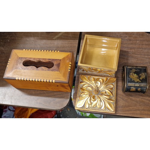 75 - 26 x 14.5 x 9.5 cm inlaid wooden tissue box, ornate gold trinket box and Japanese lacquer cigarette ... 