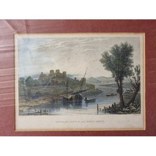 152 - 26 x 21 cm gilt framed and mounted antique Rhuddlan castle and river colour engraving