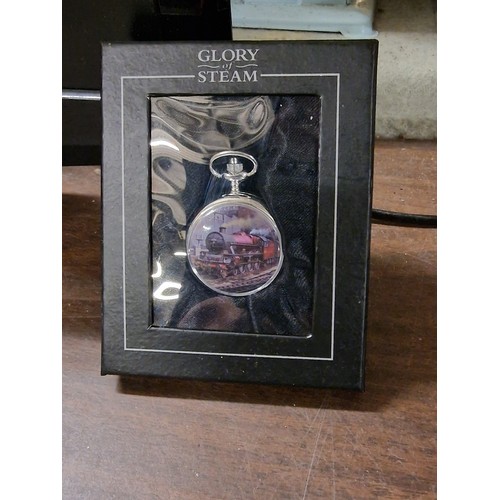 8 - Atlas glory of steam collection pocket watch with 5574 India picture front, mint in box