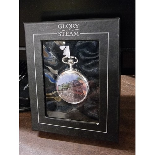 11 - Atlas glory of steam collection pocket watch with 92220 Evening Star picture front, mint in box