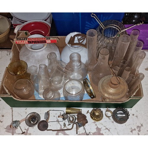 28 - Job lot of assorted old oil lamp parts, chimneys and shades