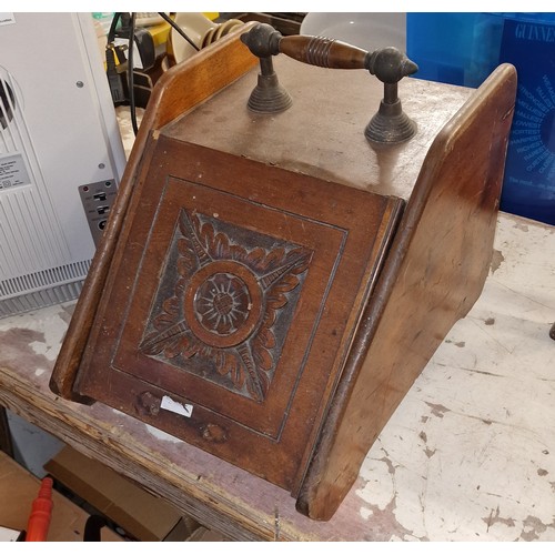 220 - Old wooden carved front coal scuttle - no door handle or liner