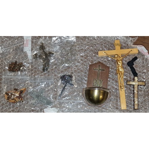 282 - Religious bundle of crosses, holy water wall bath etc