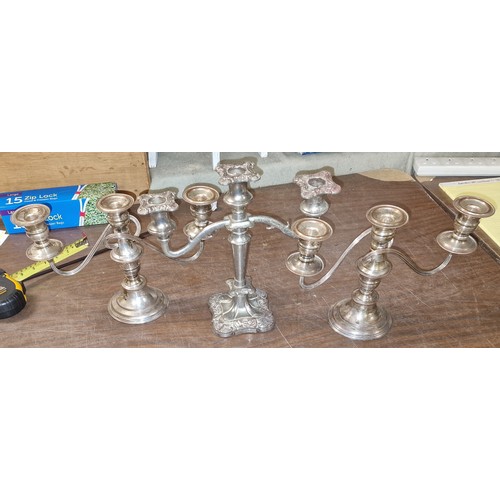 113 - Pair of plus 1 x other ornate silver plated triple candelabras - all proceeds from this lot go to St... 