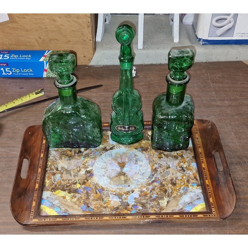 281 - Inlaid Brazilian butterfly wing decorated tray with 2 x Empoli bark effect decanters and cello shape... 