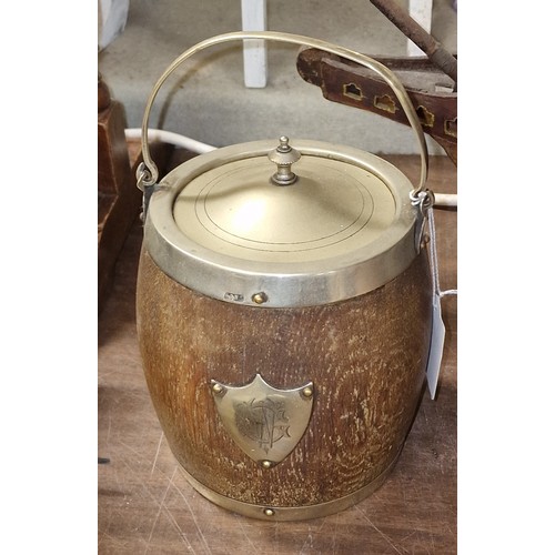 162 - Old oak biscuit barrel with plated lid and handle