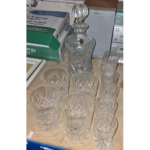 266 - Lead crystal decanter, 4 x large tumblers and 6 x small glasses