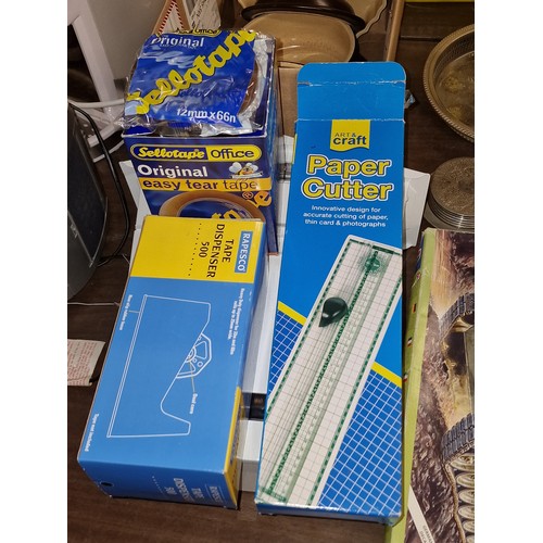 237 - New and boxed paper cutter, tape dispenser and 6 x rolls of sellotape