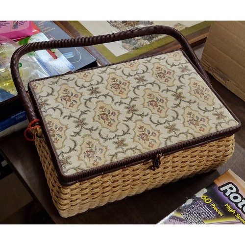 224 - Vintage wicker sewing basket and contents