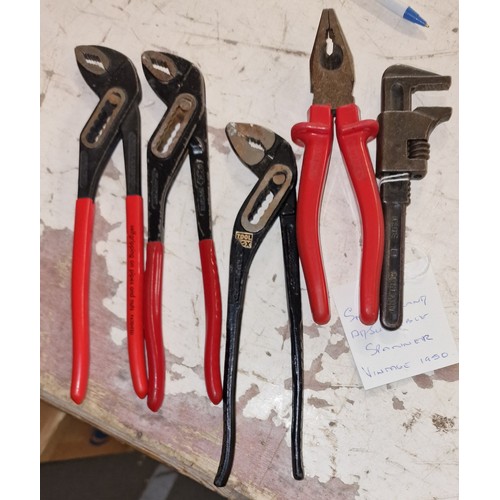 135 - 3 x pairs of water pump pliers, Knipex pliers and vintage Snail brand adjustable spanner