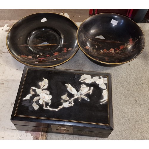 48 - Japanese lacquer ware jewellery box, plate and bowl with mother of pearl inlay