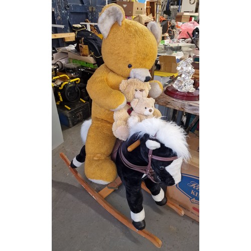 24 - Rocking horse with vintage large and 2 x small teddy bears