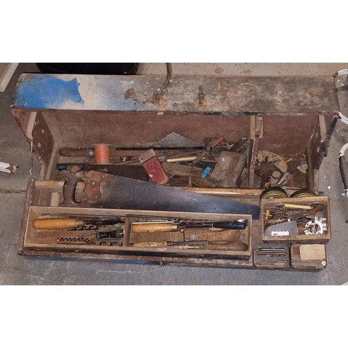 33 - Old wooden carpenters tool box and contents