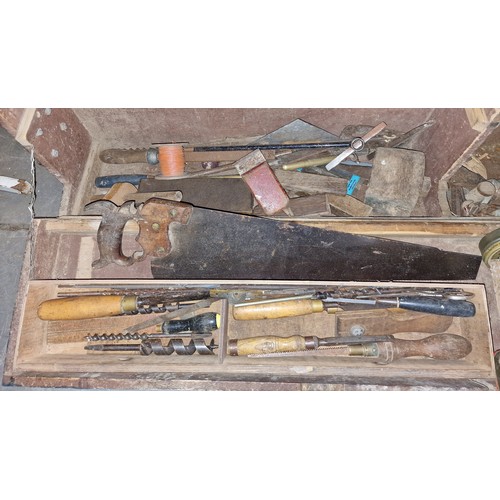 33 - Old wooden carpenters tool box and contents