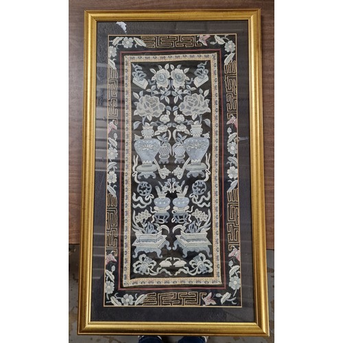 62 - 43.5 x 77 cm gilt framed Asian embroidered silk wall hanging