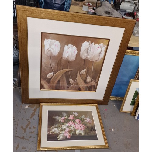 61 - 95.5 x 95.5 cm framed Gallery Direct large tulip picture and smaller gilt framed and mounted still l... 