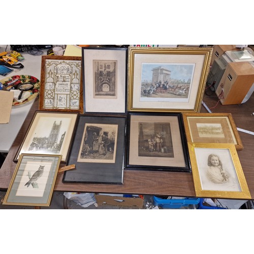 227 - Bundle of 9 x assorted framed old photographs, etchings and engravings