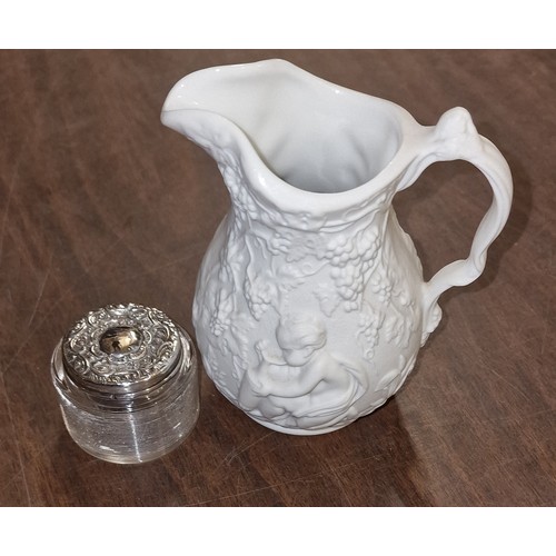 237 - Vintage dressing table cream jar with hallmarked silver lid and Portmeirion Parian cream jug