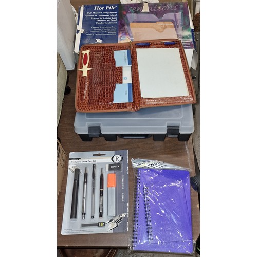 200 - New Hobby Case wall mount file, vintage writing case and contents, desk pen set and notebook set