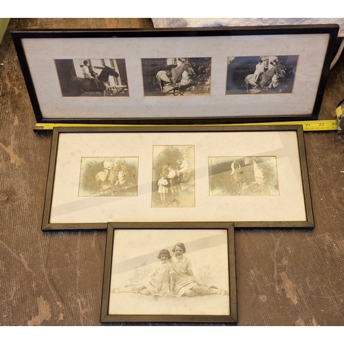 266 - 3 x framed old family photographs, 2 multi scene with horses and 1 sisters dress identical