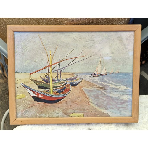 265 - 26.5 X 20 cm framed vintage Medici Society 'FISHING BOATS' print by VAN GOGH