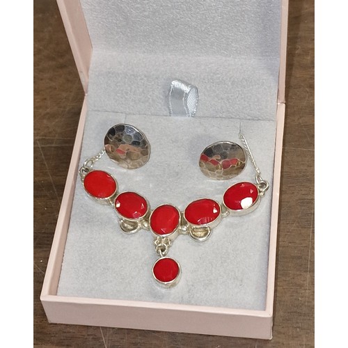 70 - 925 coral necklace and pair of earrings