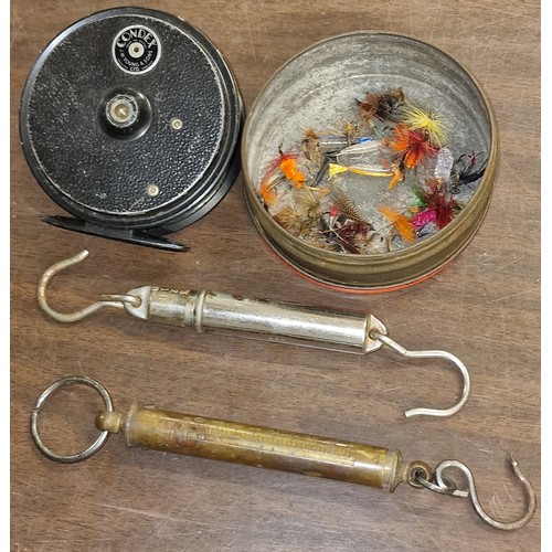 41 - Vintage Condex fly reel, 2 x pocket balances and tin of loose flies